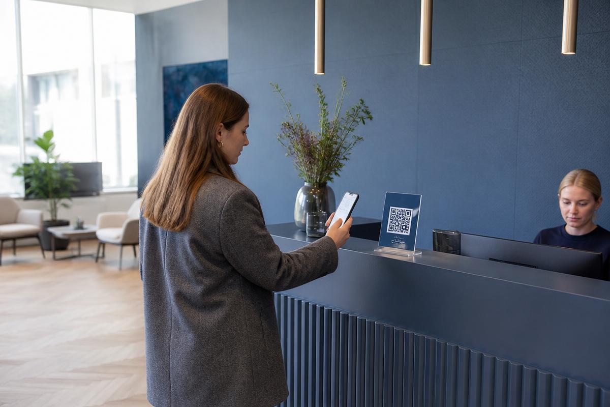 Gæst scanner QR-kode med sin telefon på lokationen