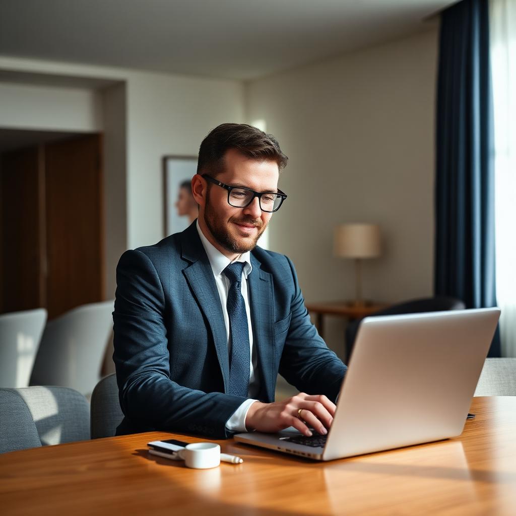 Leder gennemgår driftstal på en laptop i et lyst kontor